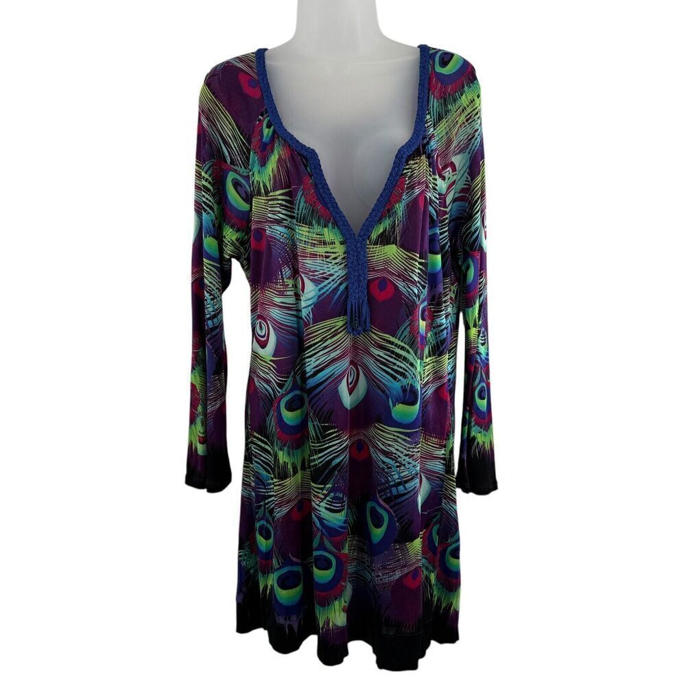Custo Barcelona Tunic Dress Peacock Pattern V-Neck Viscose Women's Size Medium